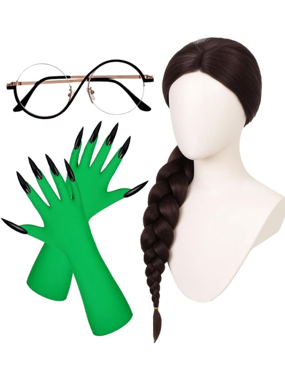 Women's Black Braid Cosplay Convenient Set Include Adjustable Wig Cap Headpiece